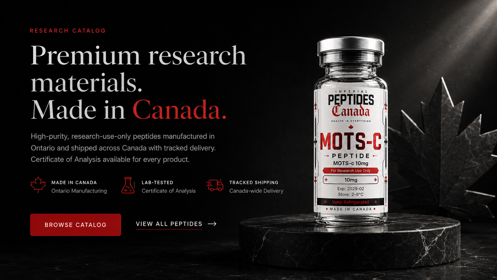 Imperial Peptides Canada premium research catalog featuring a MOT-C vial, Canadian manufacturing, lab testing and tracked shipping